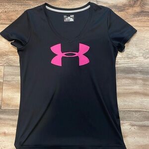 Under Armour Dri Fit Performance V Neck Short Sleeve Tee Pink Black Womens Small